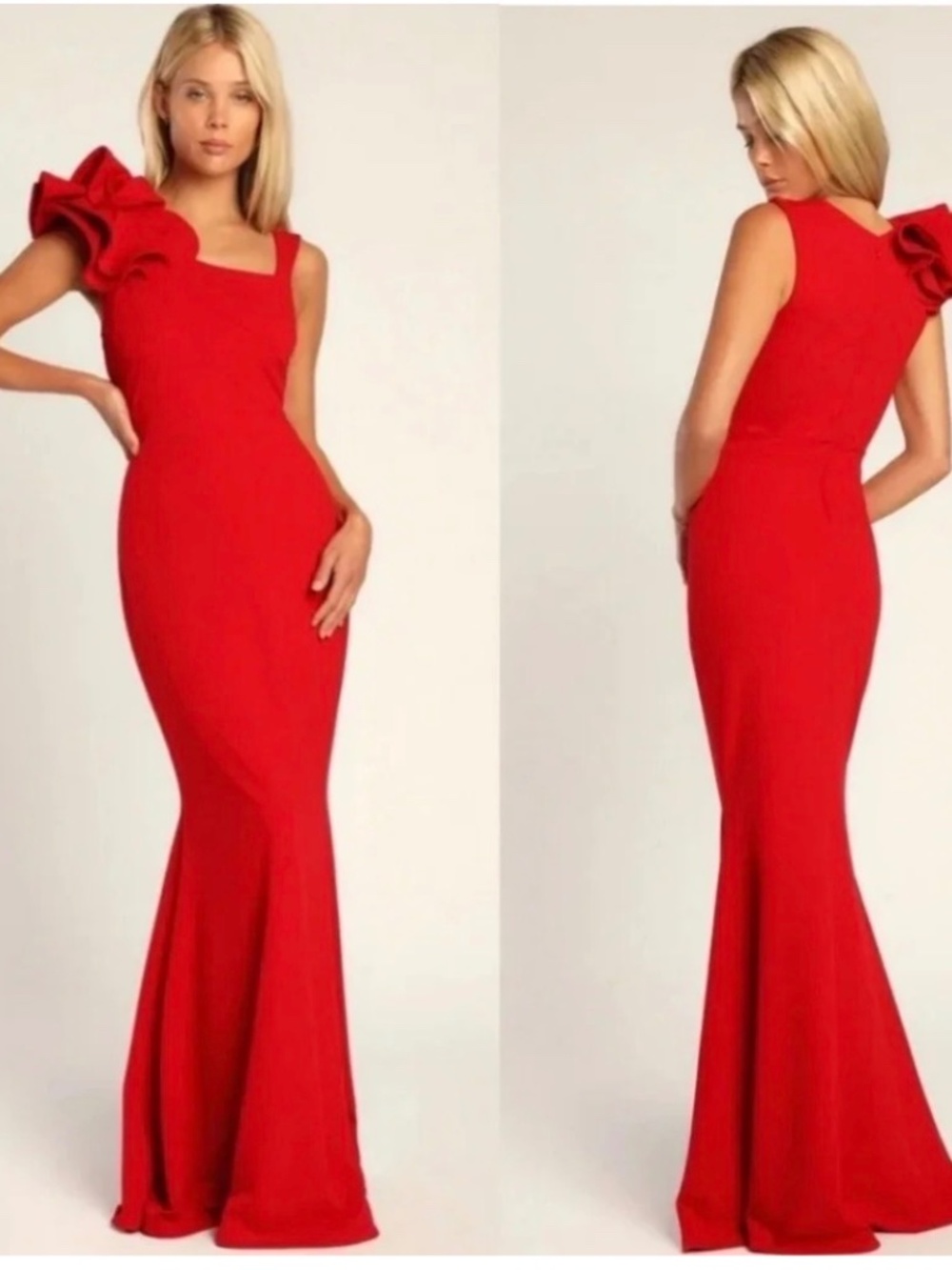 NWOT Lulus Lucette Red Sleeveless Ruffled Mermaid Maxi Dress L